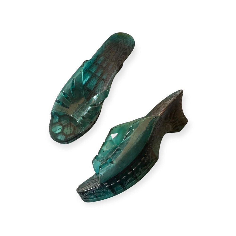Vintage 60s Jelly Slide Sandals – Size 7, Green Plastic Wedge Heels made in USA